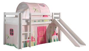 Pat etajat din lemn de pin, cu tunel si tobogan pentru copii Pino Spring Alb, 200 x 90 cm