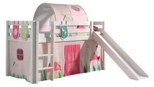 Pat etajat din lemn de pin, cu tunel si tobogan pentru copii Pino Plus Spring Alb, 200 x 90 cm