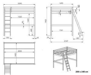Pat etajat din lemn de pin, cu fotoliu extensibil si cabinet, pentru tineret Pino Mezzanine II Alb, 200 x 140 cm