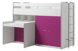 Pat etajat din pal si metal cu birou incorporat, 3 sertare si dulap, pentru copii Bonny High Alb / Fucsia, 200 x 90 cm