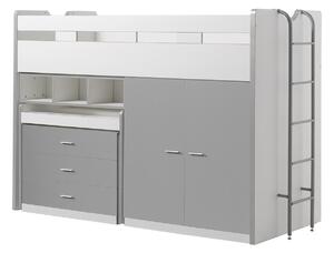 Pat etajat din pal si metal cu birou incorporat, 3 sertare si dulap, pentru copii Bonny High Alb / Gri, 200 x 90 cm