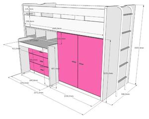 Pat etajat din pal si metal cu birou incorporat, 3 sertare si dulap, pentru copii Bonny High Alb / Roz, 200 x 90 cm