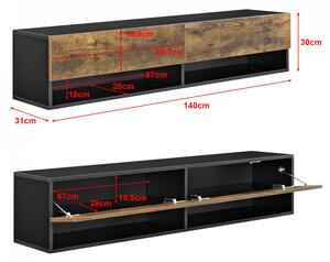 Comoda TV de perete cu 2 usi si 2 rafturi, negru/efect stejar inchis - P73294037