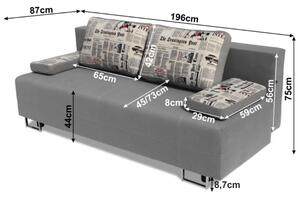 Canapea extensibilă cu spaţiu de depozitare, gri/model, ELIZE