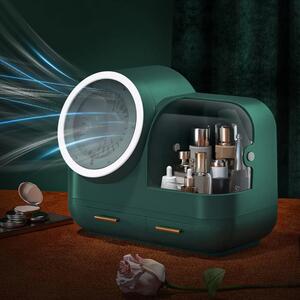 Organizator cosmetic cu Ventilator, Oglindă iluminare LED, rotativă 360 grade, portabilă, incarcare USB, depozitare compartimentata, cu sertare, 31x37,5x22 cm, Verde