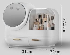 Organizator cosmetic cu Ventilator, Oglindă iluminare LED, rotativă 360 grade, portabilă, incarcare USB, depozitare compartimentata, cu sertare, 31x37,5x22 cm, Alb