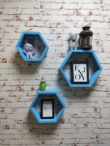 Set 3 rafturi de perete din lemn in forma hexagonala Carnival bleu