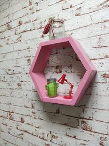 Raft de perete din lemn in forma hexagonala Carnival mic roz