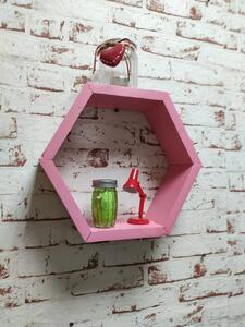 Raft de perete din lemn in forma hexagonala Carnival mare roz