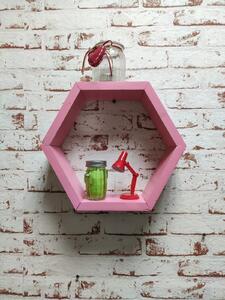 Raft de perete din lemn in forma hexagonala Carnival mediu roz