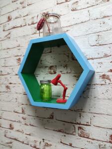 Raft de perete din lemn in forma hexagonala Carnival mic bleu/verde