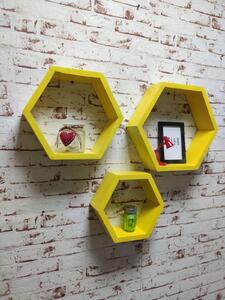 Set 3 rafturi de perete din lemn in forma hexagonala Carnival galben