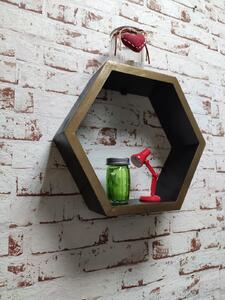 Raft de perete din lemn in forma hexagonala Carnival mic negru/auriu
