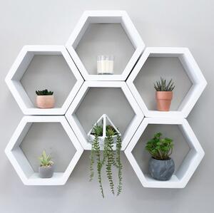 Set 6 rafturi de perete din lemn, in forma hexagonala, cu prindere ascunsa, Circus, alb