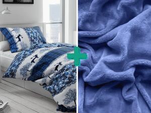 2x lenjerie de pat din microplus CHRISTMAS REINEER albastru + cearceaf din microplus SOFT 180x200 cm albastru
