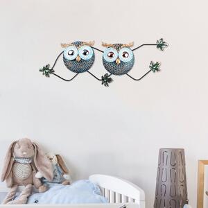 Decoratiune perete OWL 3, metal, albastru/auriu/verde, 77×28 cm