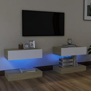 Comode TV cu lumini LED, 2 buc., alb și stejar Sonoma, 60x35 cm