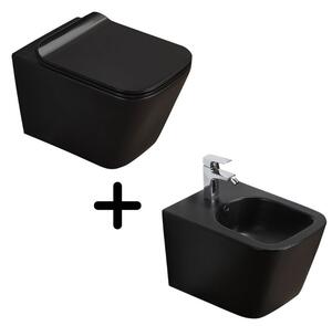 Set vas wc negru suspendat, rimless, cu capac soft close si bideu inclus, Paris