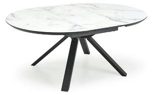 Masa rotunda extensibila 6 persoane VERTIGO, MDF lacuit/sticlă/otel acoperit cu pulbere, alb cu efect de marmura/negru, 130-180×130×76 cm