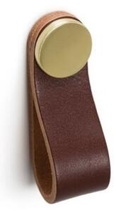 Maner, buton Flexa din piele maro pentru mobilier, cu ornament finisaj alama, L: 70 mm