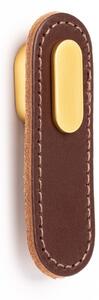 Maner, buton Oblong din piele maro pentru mobilier, cu ornament finisaj auriu periat, L:70 mm