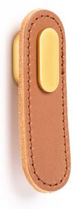Maner, buton Oblong din piele bej pentru mobilier, cu ornament finisaj auriu periat, L 70 mm