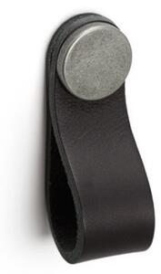 Maner, buton Flexa din piele neagra pentru mobilier, cu ornament finisaj cositor, L:70 mm