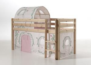 Pat etajat din lemn de pin, cu tunel si spatiu de joaca pentru copii Pino Birdy Natural, 200 x 90 cm