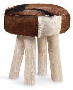 Taburet tapitat cu piele naturala si picioare din lemn Goat Maro / Natural, Ø38xH45 cm