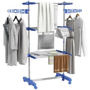 HOMCOM Uscător de Rufe Pliabil Vertical, Extensibil Tip Turn cu 6 Roți, Cârlige și 3 Rafturi, 142x55x152 cm, Albastru | Aosom Romania