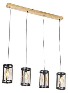 Lampă suspendată industrială neagră cu lemn cu 4 lumini - Cage Robusto