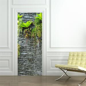 Autocolant usi interior -Cascada Perete Piatra si Plante Verzi - 1 folie de 77x200 cm