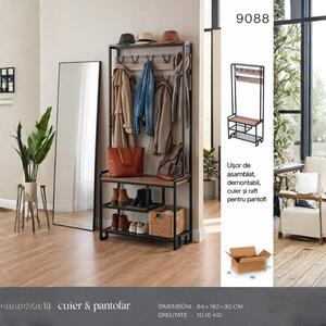 Cuier pentru hol cu pantofar si suport pentru haine, structura metalica si rafturi din lemn, dimensiuni 182x84x30 cm