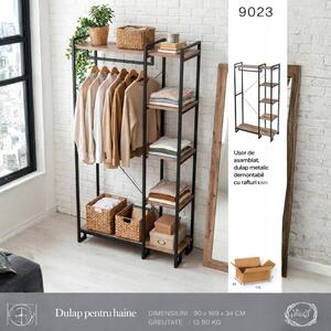 Cuier de haine - Aris - cu rafturi si suport pentru umerase, structura metalica si rafturi din lemn, dimensiuni 169x90x34 cm