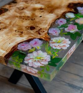 Măsuță de cafea unicat Eternal garden - plop bubos și rășină cu flori - 120x60 cm
