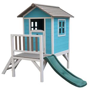 Căsuţă pentru grădină din lemn pentru copii cu tobogan, albastru / gri / alb, MAILEN