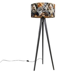 Lampa de podea trepied negru cu abajur flori 50 cm - Tripod Classic
