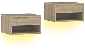HOMCOM Set 2 Noptiere Suspendate cu LED Integrat și Reglabil prin Aplicație, Sertar și Raft, 37x32x21 cm, Nuanță de Lemn | Aosom Romania