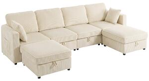 HOMCOM Canapea Modulară în U cu 4 Locuri, 2 Pufuri cu Depozitare, Catifea Reiată, 306x153x85 cm, Crem | Aosom Romania