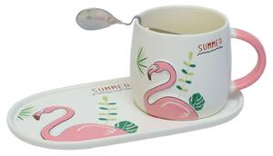 Ceasca cu farfurie ovala si lingurita, model Flamingo, 20 cm