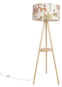 Lampă de podea cu trepied din lemn cu abajur multicolor cu imprimeu animalier 50cm - Lou
