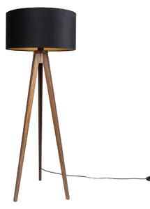 Lampă de podea din lemn de nuc cu abajur negru cu interior auriu 50cm - Tripod Classic
