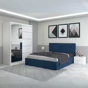 Set Mobila De Dormitor Filip Albastru, pat tapitat 160x200cm, dulap cu oglinda 150x210cm, noptiere