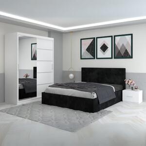 Set Mobila De Dormitor Filip Negru, pat tapitat 160x200cm, dulap cu oglinda 150x210cm, noptiere