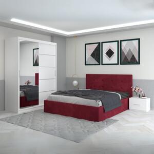 Set Mobila De Dormitor Filip Rosu, pat tapitat 160x200cm, dulap cu oglinda 150x210cm, noptiere