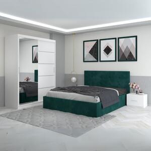 Set Mobila De Dormitor Filip Verde, pat tapitat 160x200cm, dulap cu oglinda 150x210cm, noptiere