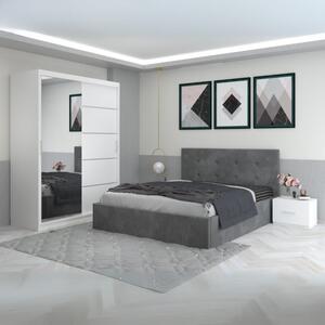 Set Mobila De Dormitor Filip Gri, pat tapitat 160x200cm, dulap cu oglinda 150x210cm, noptiere