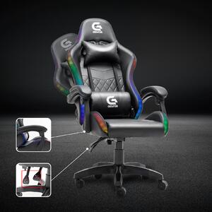 Scaun de gaming cu LED, masaj în perna lombară, design Racing, functie recliner, telecomanda, Negru