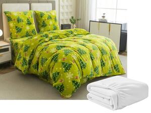 Set Lenjerie cocolino CHRISTMAS TREE verde + Cearsaf Cocolino microplus cu elastic SOFT 90x200 cm alb, pat de o persoana