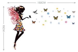 Autocolant de perete „Zână cu fluturi și pasăre colibri” 95x150 cm